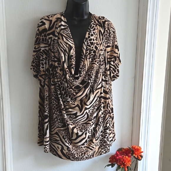 Addition Elle | Brown Tan Cowl Neck Plus Tunic Blouse - Picture 6 of 8